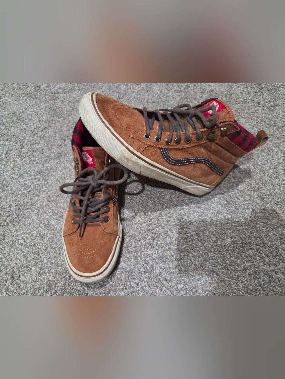 Vans Brown Suede High-Top Sneakers with Red Plaid Collar Size 7.5
